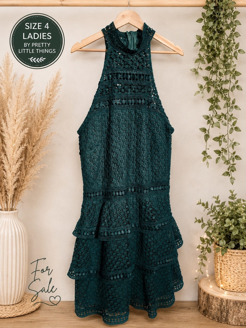 PrettyLittleThing Dark Emerald Crochet Halter High-Low Dress